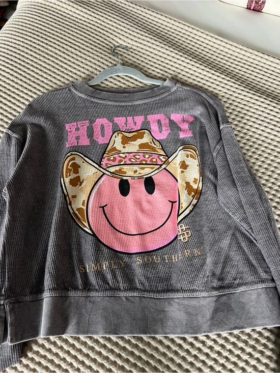 Simply Southern Sweaters - Simply Southern Gray Pullover with Pink Smiley and Cowgirl Hat